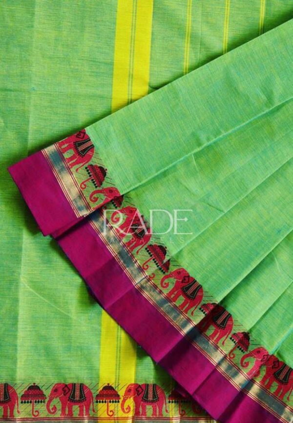 Premium soft cotton saree with contrast color border – Green with Magenta