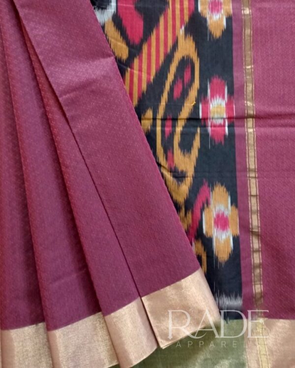 Plain soft cotton saree with Ikkat design - Velvet maroon with Rose