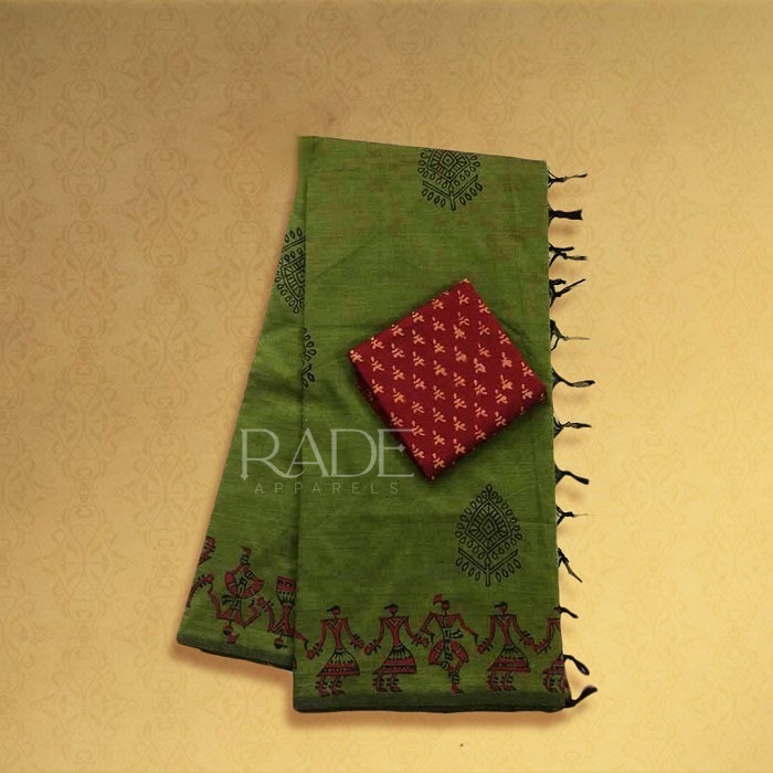Hand block printed cotton sarees - Thatch green with Maroon