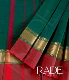 Premium soft cotton saree with Zari border – Green with Red