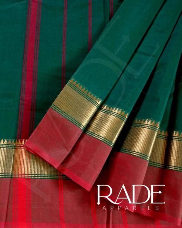 Premium soft cotton saree with Zari border – Green with Red