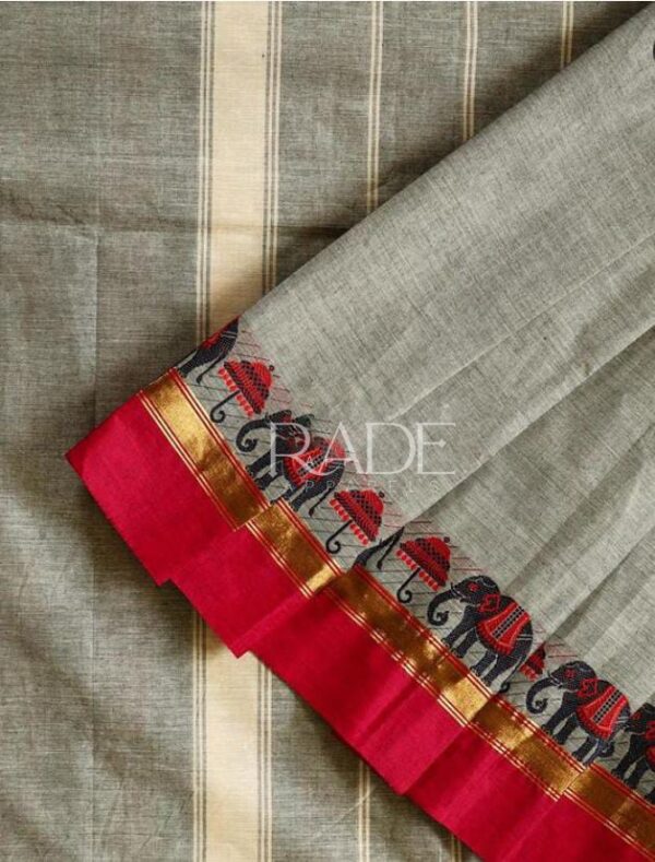 Premium soft cotton saree with contrast color border – Grey with Red
