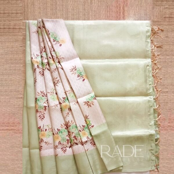 Light weight kubera printed soft silk sarees - Vanila with Green mist