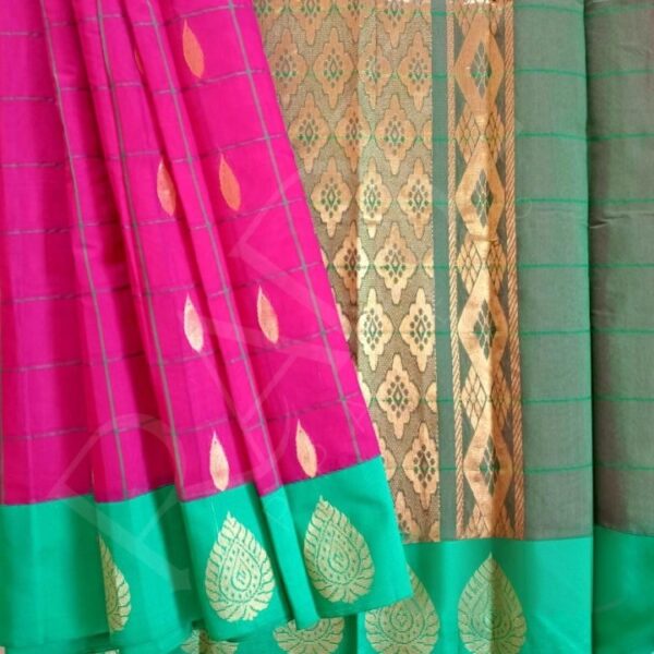Checked design semi silk saree – Pink with Green