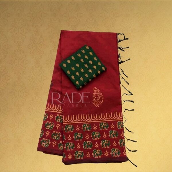 Hand block printed cotton sarees - Red with Dark green