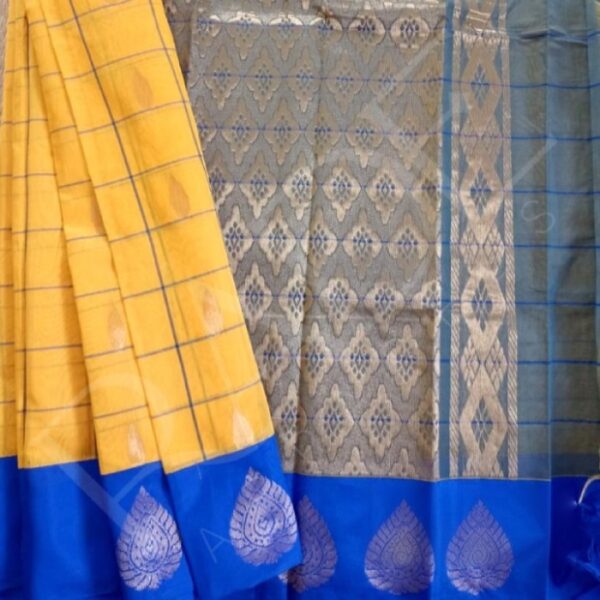 Checked design semi silk saree – Yellow with Blue