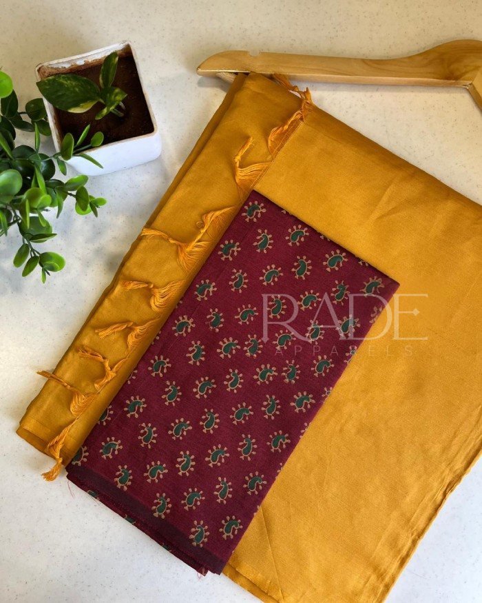 Mustard yellow saree with red blouse